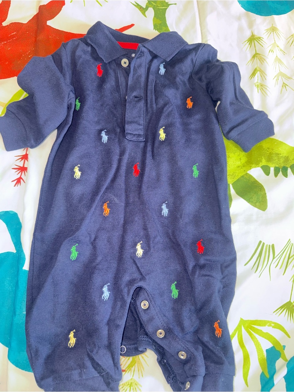 Ralph Lauren Navy Polo One-Piece with Multicolor Pony Embroidery